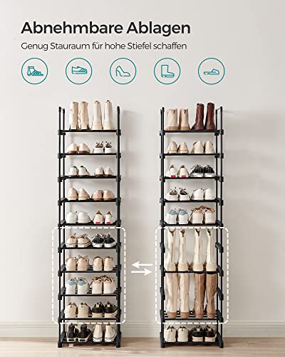 Shoe Rack, 10-Tier Metal Shoe Storage Organiser, Customisable Design, Metal Frame, Space-Saving Rack, for Dressing Room, Hallway, 30 x 45 x 174 cm, Black