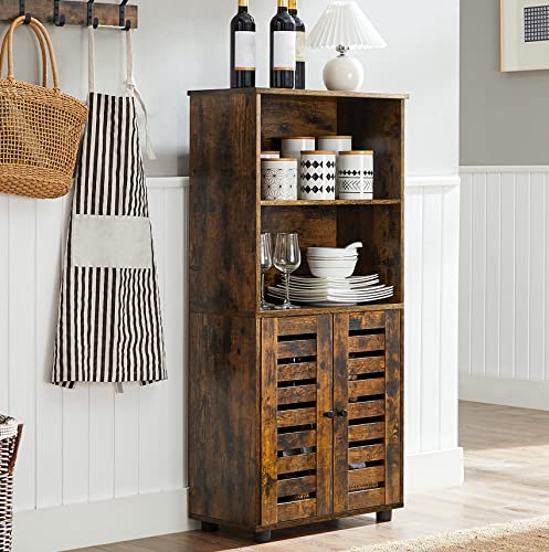 Floor Standing Cabinet, Storage Cabinet, Kitchen Cupboard, Bookcase with Louvered Doors, Open Compartments, Height-Adjustable Shelf, for Living Room, Kitchen, Rustic Brown