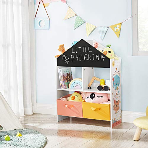 Kids’ Bookshelf, Storage Unit with Blackboard, Boxes, and Shelves, Multi-Functional for Children’s Room, Playroom, White, Black, Orange, and Yellow