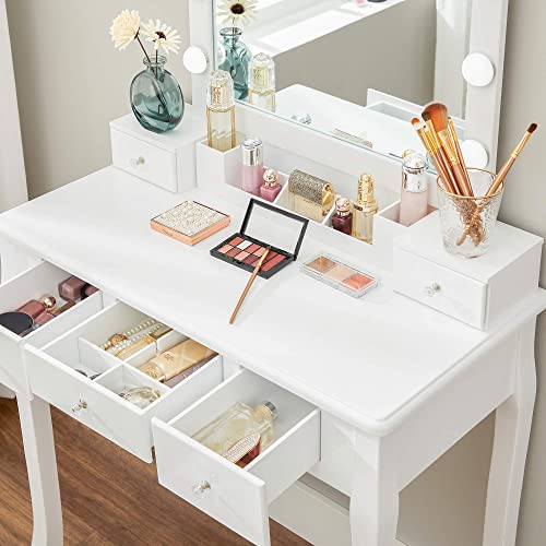 Dressing Table Set, Dressing Table, Padded Stool, 10 Bulbs, Removable Storage Box with 6 Compartments, 5 Drawers, 1 Drawer Divider, Gift Idea, for Bedroom, White