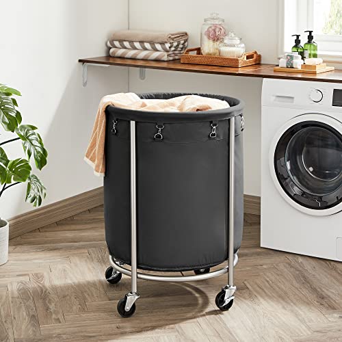 Laundry Sorter, Laundry Basket on Wheels, 170 Litre Round Laundry Bin with Steel Frame, Removable Laundry Bag and 4 Wheels (2 with Brakes), Black/Silver