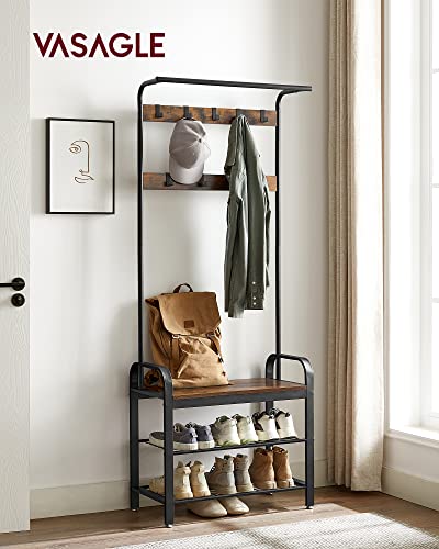 Coat Rack, Coat Stand with Shoe Storage Bench, 4-in-1 Design, with 9 Removable Hooks, a Clothes Rail, for Hallway, Entrance, 33.7 x 77 x 183 cm, Industrial, Rustic Brown and Black