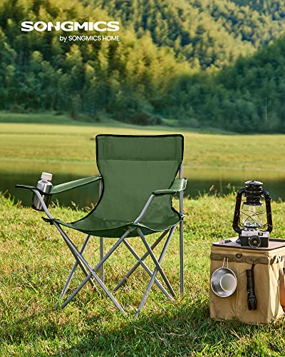 Folding Camping Chairs, Set of 2 Outdoor Chair, with Armrests, Cup Holder, Portable, 120 kg Capacity, for Camping, Garden, Fishing, Beach, Balcony, Military Green