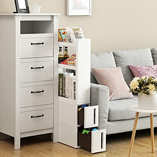 Narrow 3 Shelves 2 Drawers Recess Cabinet with Wheels for Kitchen Bathroom and Cellar 17cm Wide White , 45 x 17 x 106.5 cm