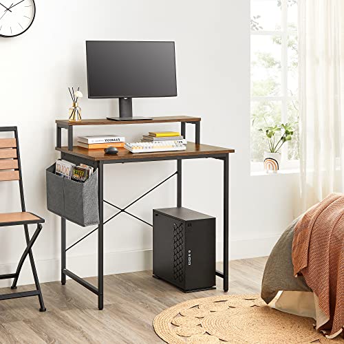 Computer Desk, Writing Study Desk with Monitor Stand, Fabric Storage Bag, X-Bars, Adjustable Feet, 80 x 55 x 90 cm, for Home Office, Industrial, Rustic Brown and Black