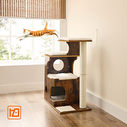 86 cm Cat Tree, Medium Cat Tower with 3 Beds and Cave, Cat Condo Made of MDF with Wood Veneer, Sisal Post and Washable Faux Fur, Vintage, Rustic Brown and White