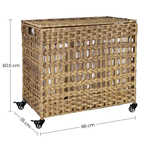 Handwoven Laundry Basket with Lid, Rattan-Style Laundry Hamper with 3 Separate Compartments, Handles, Removable Liner Bags, for Living Room, Bathroom, Laundry Room, Natural