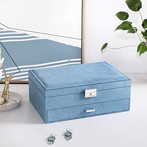 Jewellery Box, Jewellery Case, 2 Levels with a Drawer and Key, for Rings Watches Necklaces Earrings, Light Blue