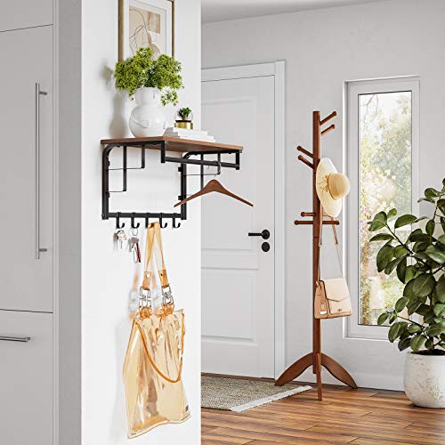 Coat Rack Wall-Mounted, Coat Hook with 5 Hooks and Hanging Rail, for Entryway, Hallway, Bedroom, Bathroom, Living Room, Hazelnut Brown and Black