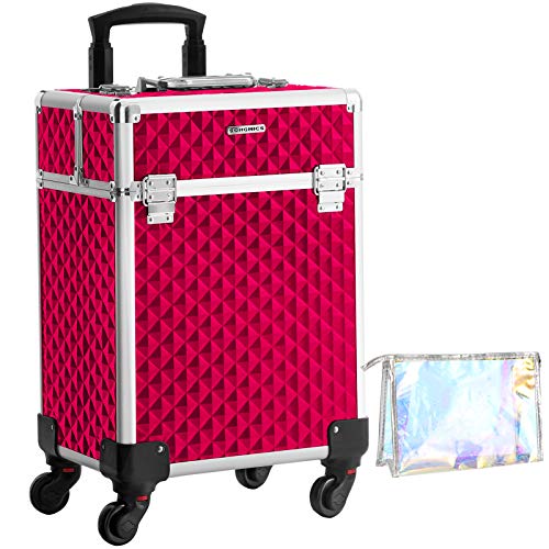 Cosmetic Case Trolley Makeup Case with Handle with 4 Universal Wheels with 4 Extendable Compartments for Travel Red