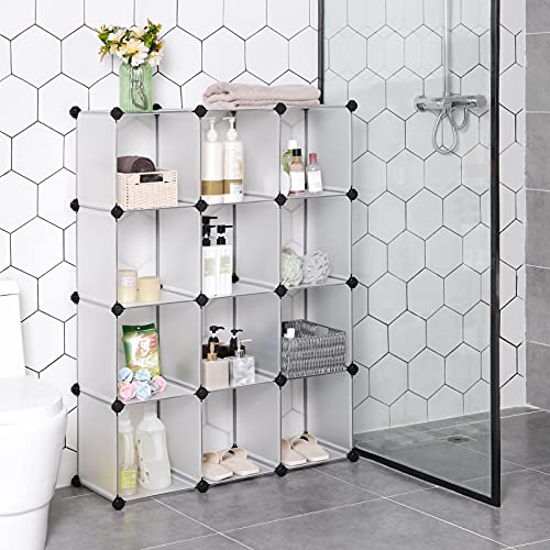 Closet Cabinet, Bookcase, Storage Unit, Interlocking Plastic Cubes, Easy to Assemble, for Living Room, Closet, Bedroom, Office, Includes Rubber Mallet, White