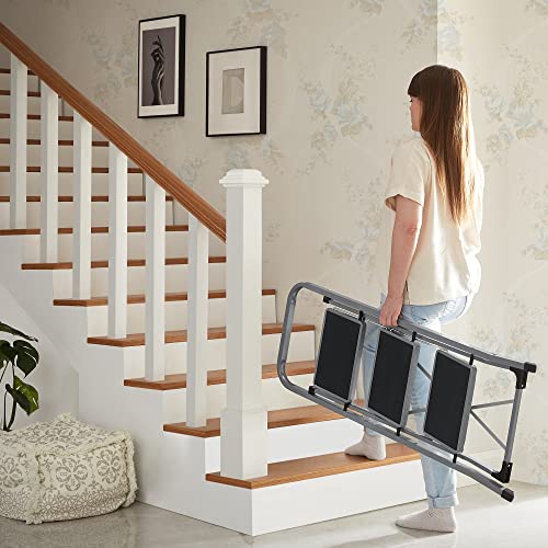 3-Step Ladder, Folding Ladder, 20 cm Wide Steps Covered with Non-Slip Rubber, Rubber Feet, Handrail, Max. Static Load 150 kg, Steel, Grey and Black