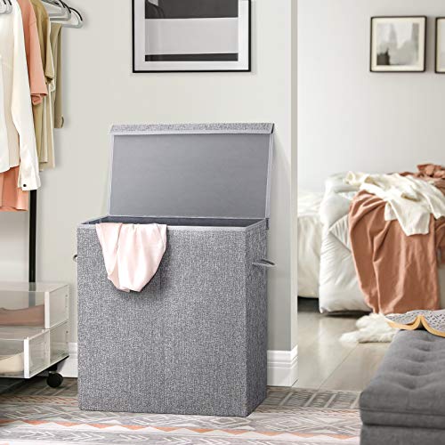 142L Laundry Hamper, Linenette Fabric Laundry Basket, Divided Clothes Hamper with Magnetic Lid and Handles, Foldable, Removable Liner Bag, Grey