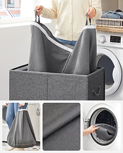 142L Laundry Basket, Wash Basket, 2-Compartment Laundry Hamper with Magnetic Lid and Handles, Collapsible, Removable Liner Bag, Linen-Look Fabric, Dark Grey