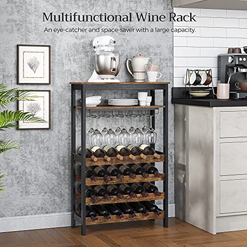 Wine Rack 24 Wine Bottles Standing Bottle Rack with Glass Holders for Kitchen Bar Dining Room Vintage Brown Black