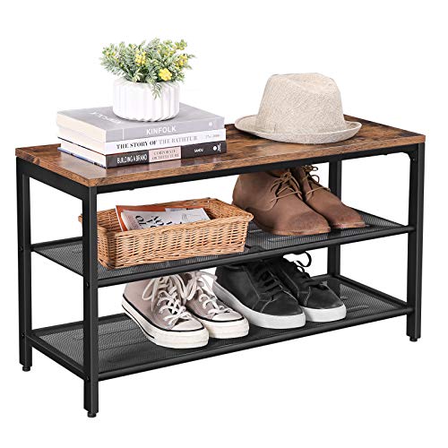 Shoe Bench with Seat, Shoe Rack with 2 Mesh Shelves, Shoe Storage Organiser for Hall Entryway, Metal, Industrial, Rustic Brown and Black