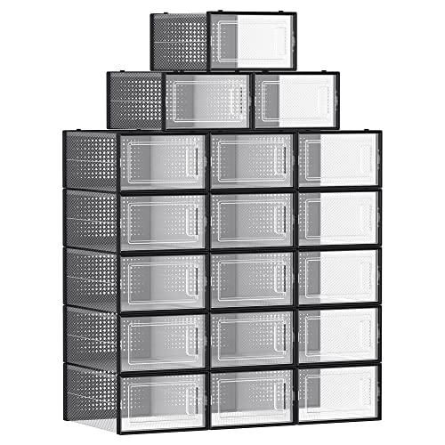 Shoe Boxes, Pack of 18 Stackable Shoe Storage Organisers, Foldable and Versatile for Sneakers, Fit up to UK Size 10.5, Transparent and Black