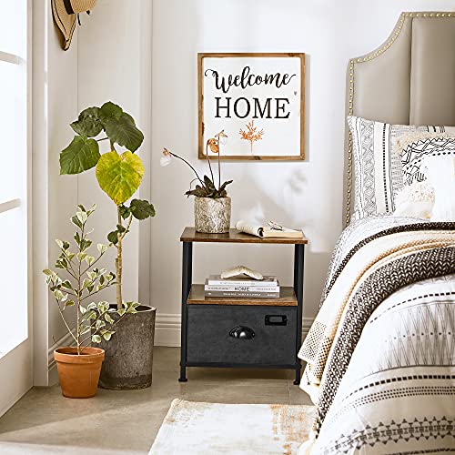 Nightstand, Bedside Table with Storage, Fabric Drawer Dresser, End Table with 2 Shelves, Industrial Style, for Living Room, Bedroom, Rustic Brown and Black