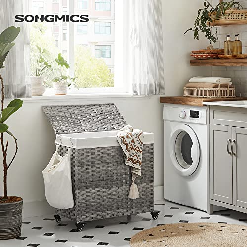 Laundry Basket, Handwoven Laundry Hamper, 140L Rattan-Style Washing Basket with 3 Compartments, Removable Liner, Handles, Lid, Living Room, Bathroom, 66 x 33 x 60 cm, Grey