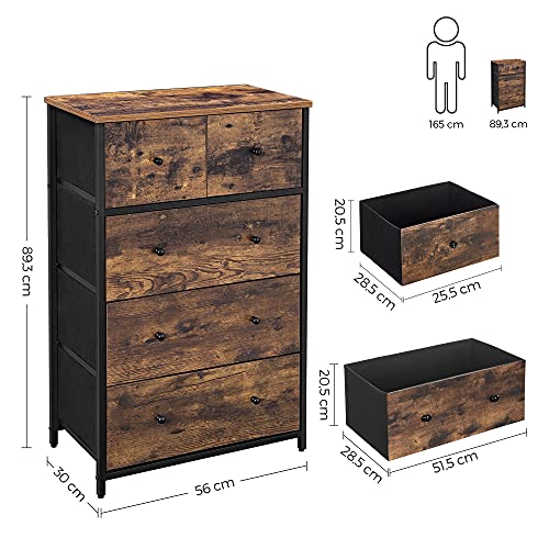 Chest of Drawers, Fabric 5-Drawer Storage Organiser Unit, Wooden Front and Top, Industrial Style Dresser Unit, for Living Room, Hallway, Nursery, Rustic Brown and Black