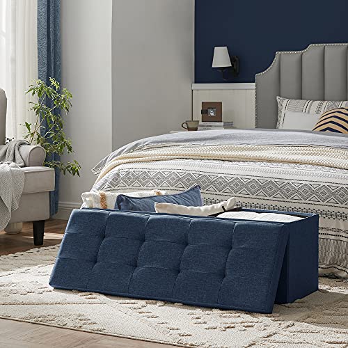 Storage Ottoman Bench, Padded Chest with Lid, Folding Seat, 120L Capacity, Hold up to 300 kg, Navy Blue