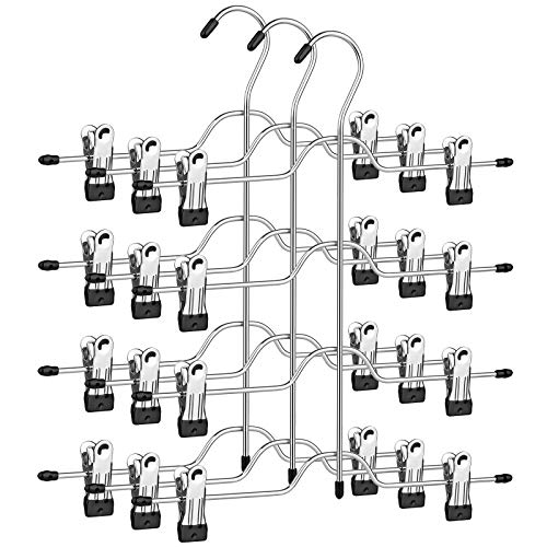 Trouser Skirt Hangers with Clips, Set of 3 Space Saving 4-Tier Metal Pant Hangers, with 8 Adjustable Non Slip Clips, for Slacks, Jeans, Towels, Shorts, 32 cm, Silver and Black