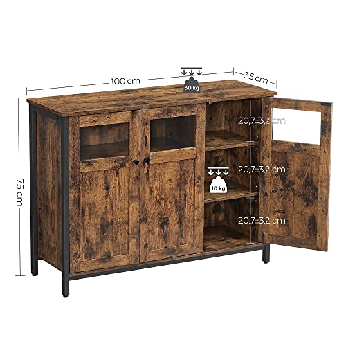 Sideboard, Buffet Table, Storage Cabinet with Glass Doors, Dining Room, Living Room, Hallway, Kitchen, Steel Frame, Industrial Style, Rustic Brown and Black