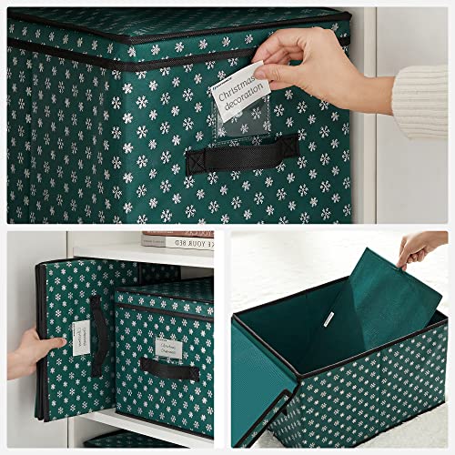 Storage Boxes with Lid, Set of 3, Folding Boxes with Labels for Christmas, Fabric Boxes with Snowflakes Pattern for Closet, 30 x 40 x 25 cm, Green