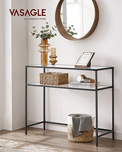 Console Table, Tempered Glass Table, Modern Sofa or Entryway Table, Steel Frame, 2 Shelves, Adjustable Feet, for Living Room, Hallway, Black