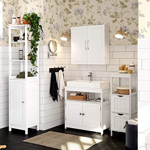 Bathroom Under Sink Cabinet, Floor Cabinet Double Door, Open Compartment, 60 x 30 x 60 cm, Storage Unit, Scandinavian Nordic Style, Matte White