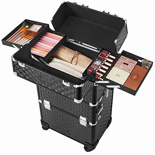 Professional Makeup Case, Travelling Beauty Trolley, Large Cosmetic Trolley for Hairdressers, Lockable Rolling Makeup Case with Universal Casters, Lid and Shoulder Strap, Black