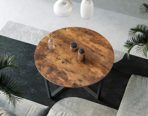 Round Coffee Table, Industrial Style Cocktail Table, Durable Metal Frame, Easy To Assemble, for Living Room, Bedroom, Rustic Brown and Black