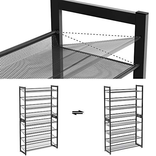 8-Tier Shoe Rack, Set of 2 Stackable 4-Tier Shoe Organiser, Metal Shoe Storage with Adjustable Mesh Shelves, Flat or Angled, Mountable, Black