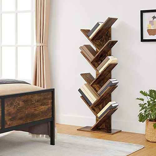 Tree Bookshelf, 8-Tier Floor Standing Bookcase, with Wooden Shelves for Living Room, Home Office, Rustic Brown