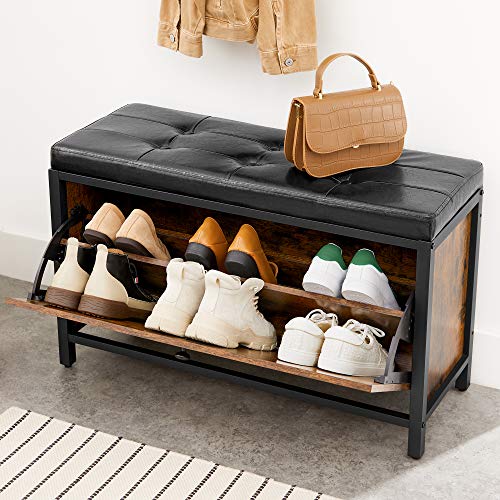 Shoe Bench Padded Shoe Organiser with Flap Shoe Cabinet for 6 Pairs of Shoes Steel Frame Industrial Design Vintage Brown/Black