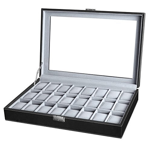 Watch Box, Lockable Watch Case, Watch Storage Box with 24 Slots, Glass Lid, Gift for Loved Ones, Black Synthetic Leather, Grey Lining