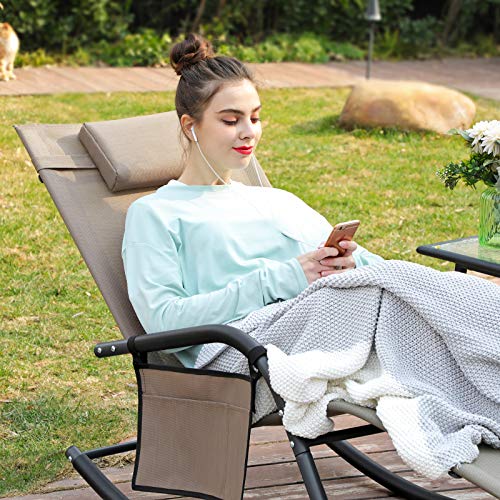 Sun Lounger, Garden Chair, Rocking Chair with Headrest and Side Pocket, Iron Structure, Breathable Synthetic, Comfortable, Max. Load Capacity 150 kg, Brown