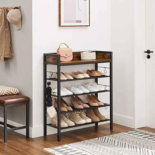 Shoe Rack Storage Organiser, with Raised Edges, 4 Mesh Shelves, Holds up to 14 Pairs of Shoes, for Sneakers, High Heels, Slippers, Industrial, Rustic Brown and Black