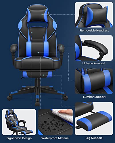 Gaming Chair Desk Chair with Footrest, Office Chair with Headrest and Lumbar Cushion, Height-Adjustable, Ergonomic, 90-135° Tilt Angle, Load 150 kg Black + Blue