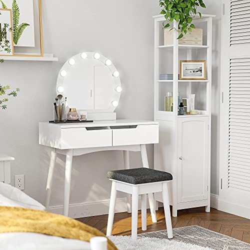 Makeup Vanity Set with 10 Light Bulbs and Touch Switch, Dressing Makeup Table Desk with Large Round Mirror, 2 Sliding Drawers, 1 Cushioned Stool, White U