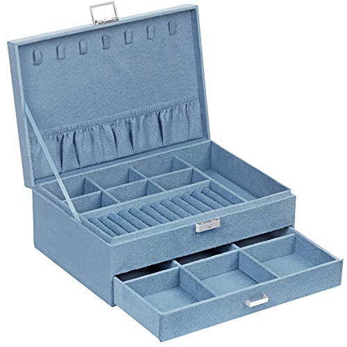 Jewellery Box, Jewellery Case, 2 Levels with a Drawer and Key, for Rings Watches Necklaces Earrings, Light Blue