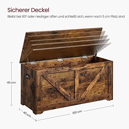 Storage Chest, Storage Bench, Blanket Box with 2 Safety Hinges, Shoe Storage Bench, Barn Style, 40 x 100 x 46 cm, for Hallway, Bedroom, Living Room, Rustic Brown