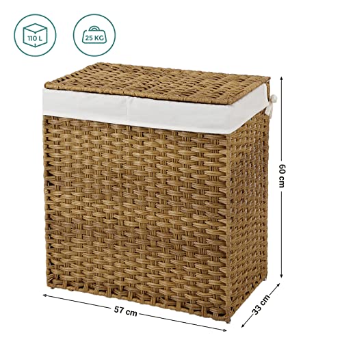 Handwoven Laundry Basket, 110L Synthetic Rattan Divided Clothes Hamper with Lid and Handles, Foldable, Removable Liner Bag, Natural