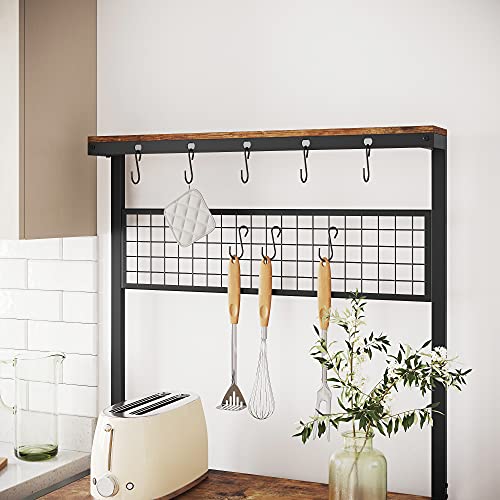 Industrial Kitchen Baker's Rack, Kitchen Unit with Storage Shelves, 10 Hooks and Metal Mesh Shelf, Microwave Oven Utensils Shelf, 84 x 40 x 170 cm, Rustic Brown