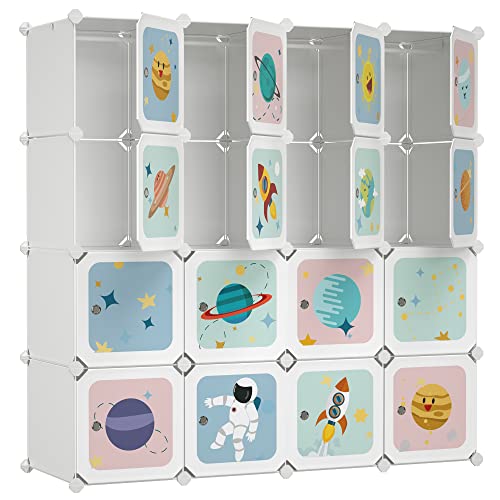 Portable Clothes Closet, DIY Wardrobe for Hanging Clothes, Modular Storage Organiser for Children with 16 Cubes, 4 Hanging Rails, 123 x 41 x 123 cm, White