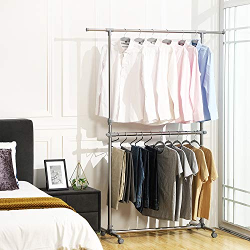 Adjustable Garment Rack Clothes Hanging Rail Stand with Middle Rail - Stainless Steel Clad Pipe