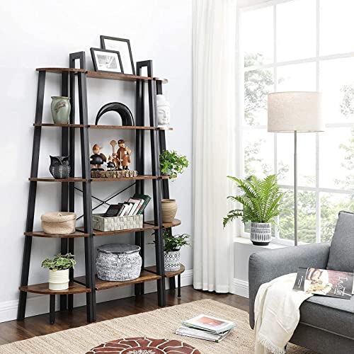 Corner Shelf, 5-Tier Industrial Ladder Bookcase, Storage Rack, with Metal Frame, for Living Room, Home, Office, Rustic Brown