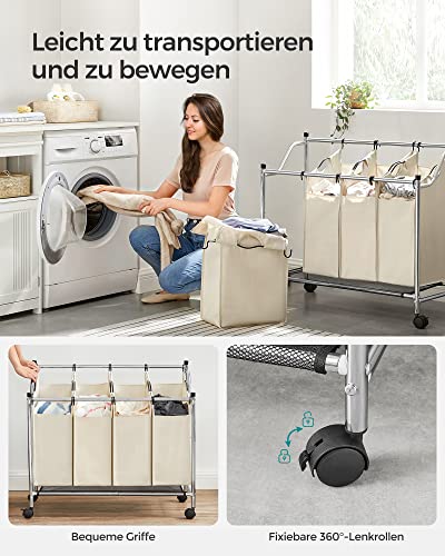 Rolling Laundry Sorter, Laundry Basket with 4 Removable Bags, Laundry Hamper, Laundry Trolley, for Laundry Room, Bedroom, Bathroom, 4 x 35L, Beige