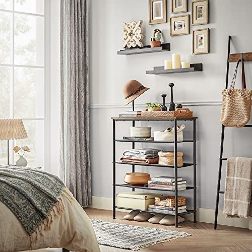 Shoe Rack 5 Tier, Shoe Storage Organiser Narrow, with 4 Fabric Shelves and Top for Bags, Steel Frame, for Entryway, Closet, Industrial, Rustic Brown and Black