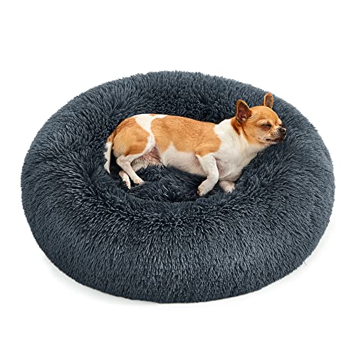 Dog Bed, Donut Cat Bed, Fluffy Calming Pet Bed with Removable, Washable Cover, Soft Long Plush, 60 cm, Dark Grey